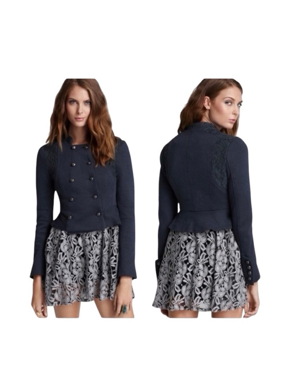 We the Free Majorette blue crop long sleeve lace accent military jacket size 0